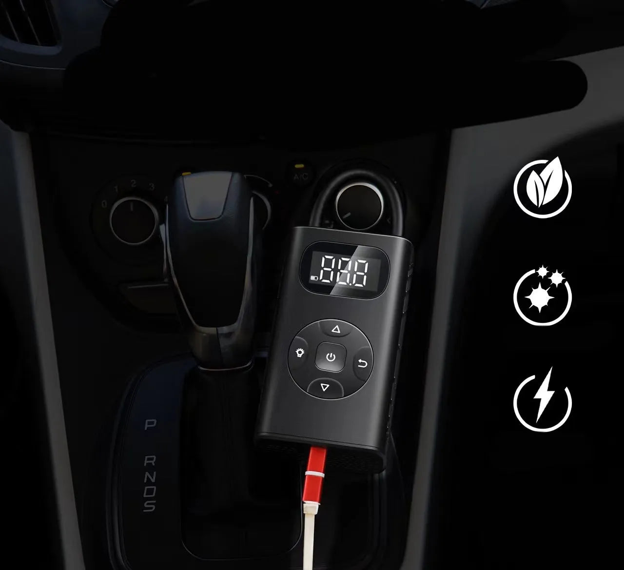 Black M09X portable electric air compressor power bank for car and motorcycle tyre inflation with USB cable