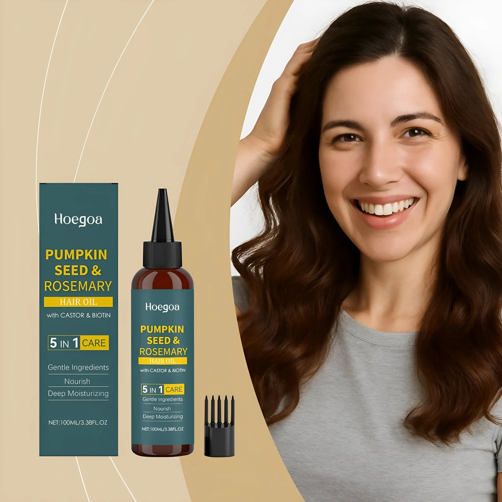 Rosemary hair essential oil 100 ml bottle with pointed applicator nozzle and black hair comb.