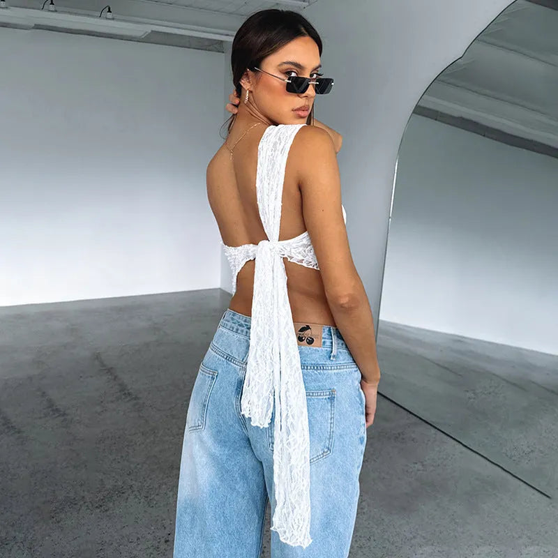 Women's sleeveless lace backless vest top with asymmetrical neckline in slim fit streetwear design