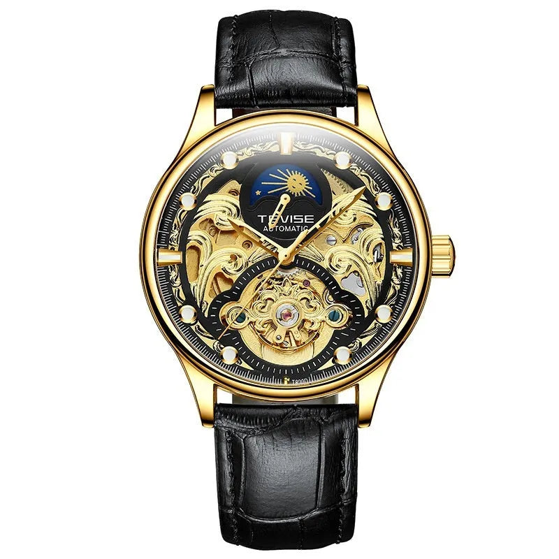 Men's waterproof automatic mechanical watch with leather strap in gold or white options