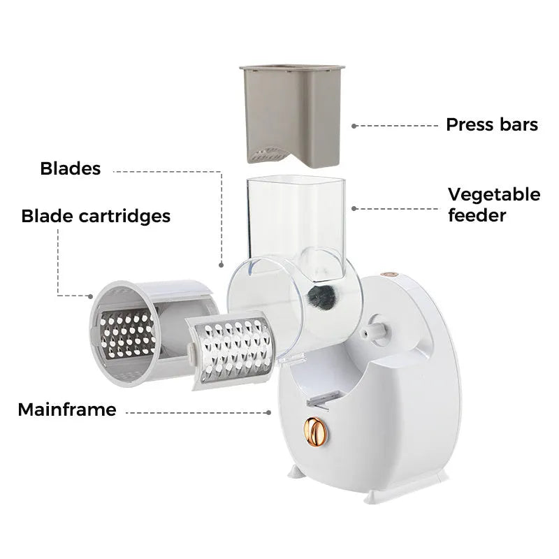 White electric vegetable slicer with rotary grater, suction base, and interchangeable blades