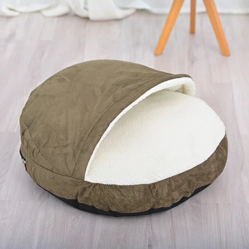 Brown and grey washable cloth dog bed mat for kennels, shown in small and medium sizes.