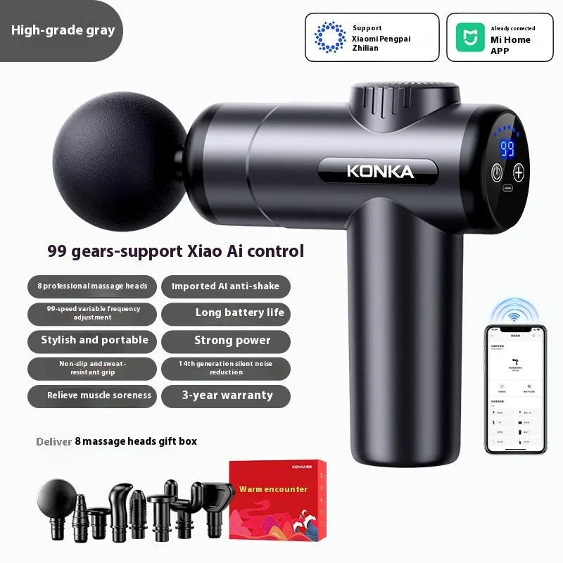 Konka V19 professional electric mini massage gun in grey colour with multiple massage heads.
