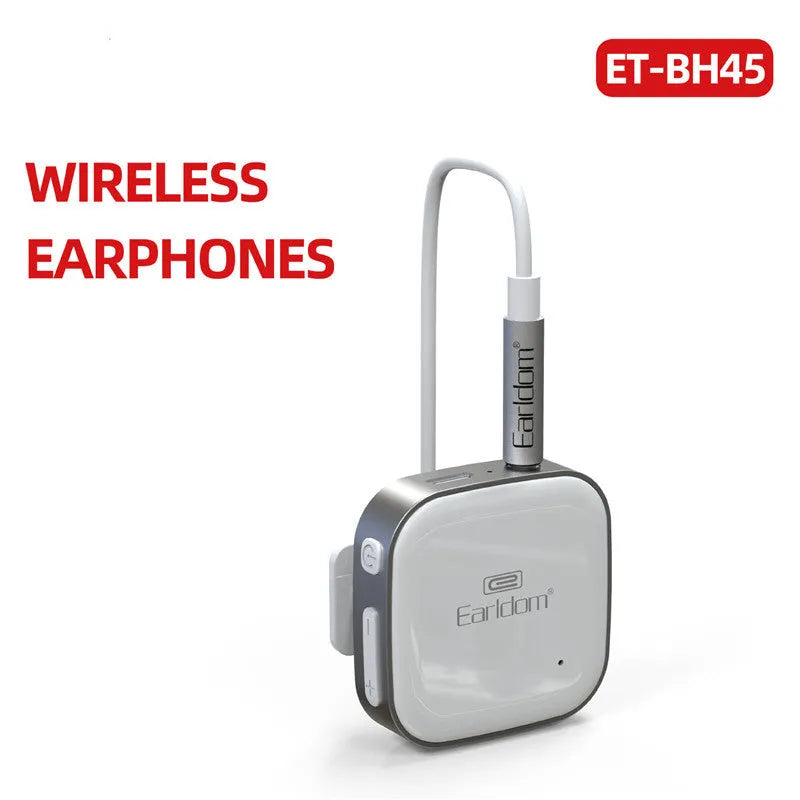 Black Bluetooth audio receiver with lavalier microphone for wireless calls and music.