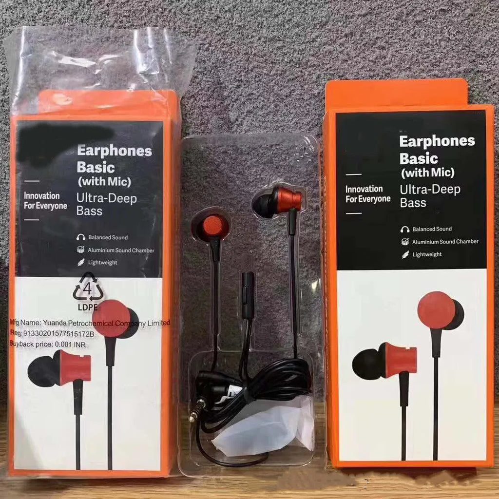Piston in-ear wired headphones with 3.5mm plug in blue, red and black colour options