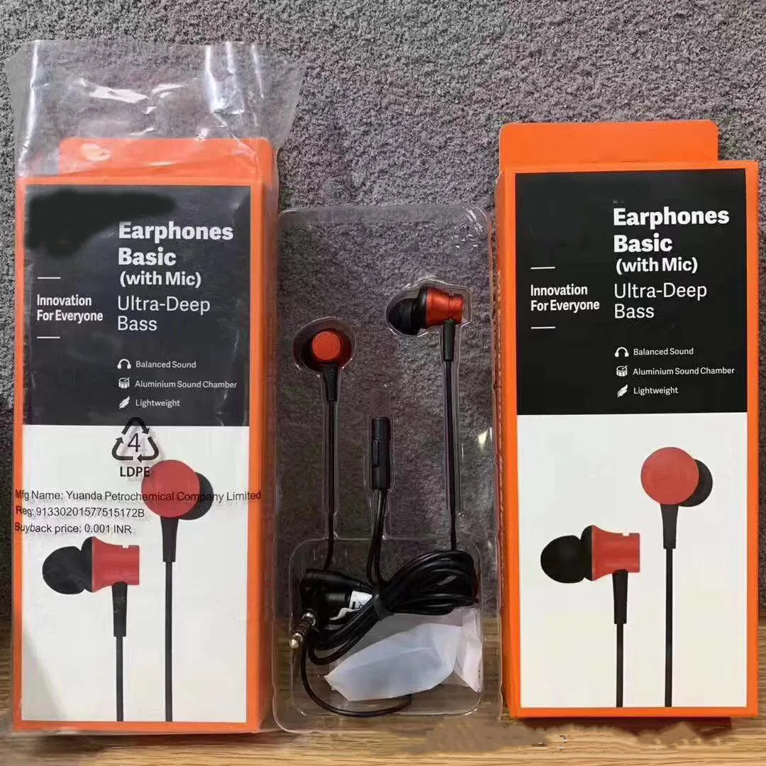 Piston in-ear wired headphones with 3.5mm plug in blue, red and black colour options