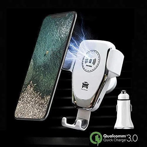 Black car wireless charger with automatic clamping arms holding an iPhone