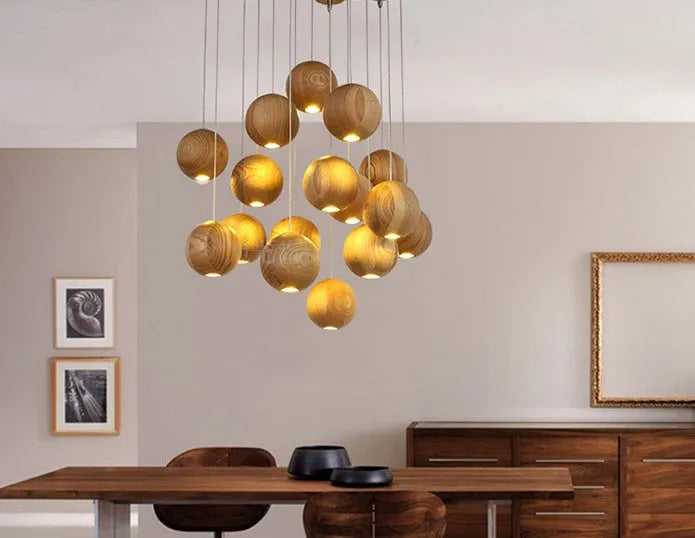 Nordic style solid wood ball chandelier ceiling pendant light with adjustable drop