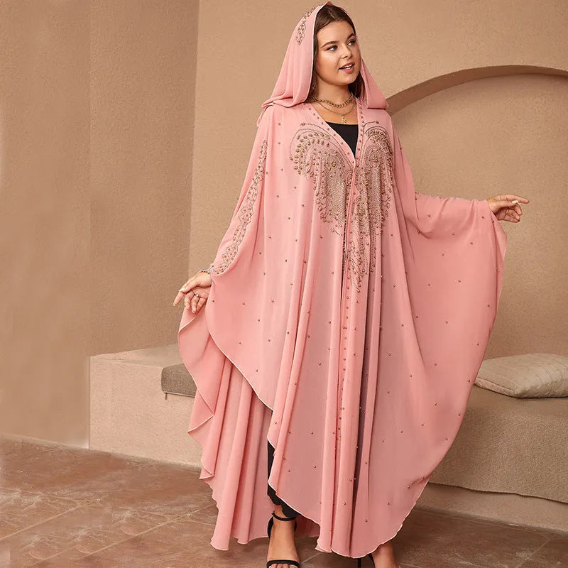 Purple Muslim style chiffon shawl with rhinestone beading, draped to show length