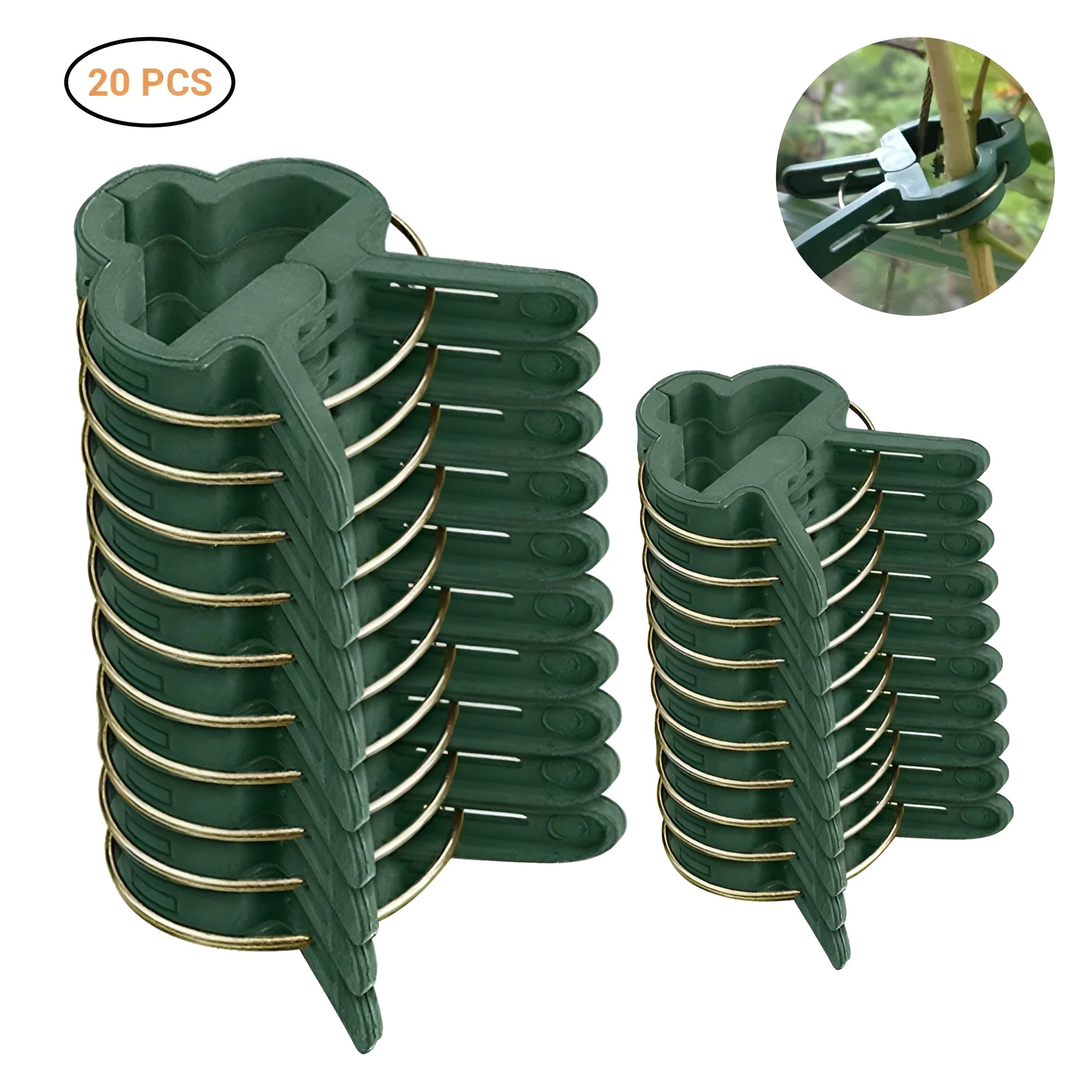 Green plastic plant fixing clips, 10 large and 10 small, for securing climbing plants like tomatoes and cucumbers.