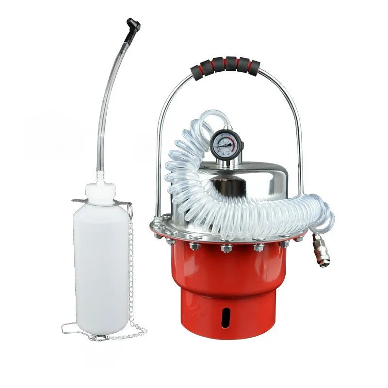 Pneumatic brake fluid replacement pumping tool with pressure gauge and transparent pipes for automotive workshop use