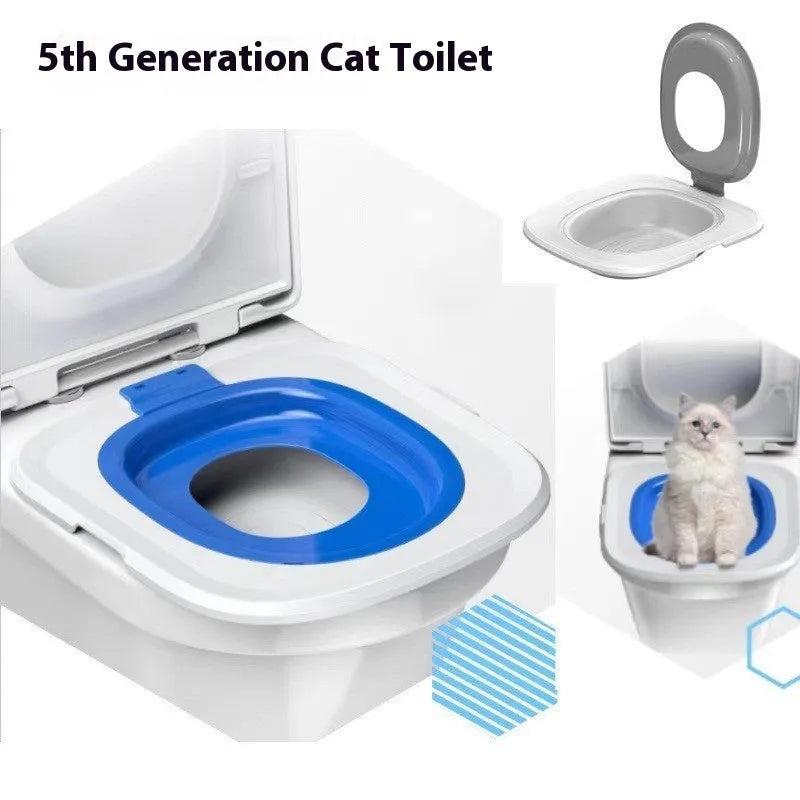 Fifth generation cat toilet trainer in blue, showing its new shape with raised back splash guard.