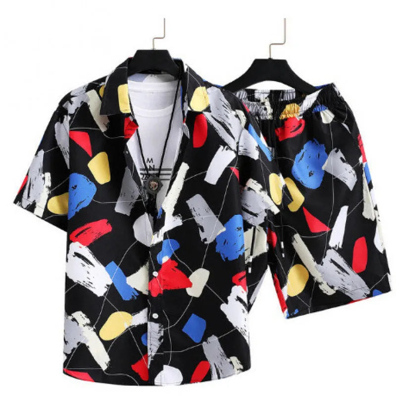 Men's digital print casual suit with short sleeve cardigan and matching shorts in polyester.