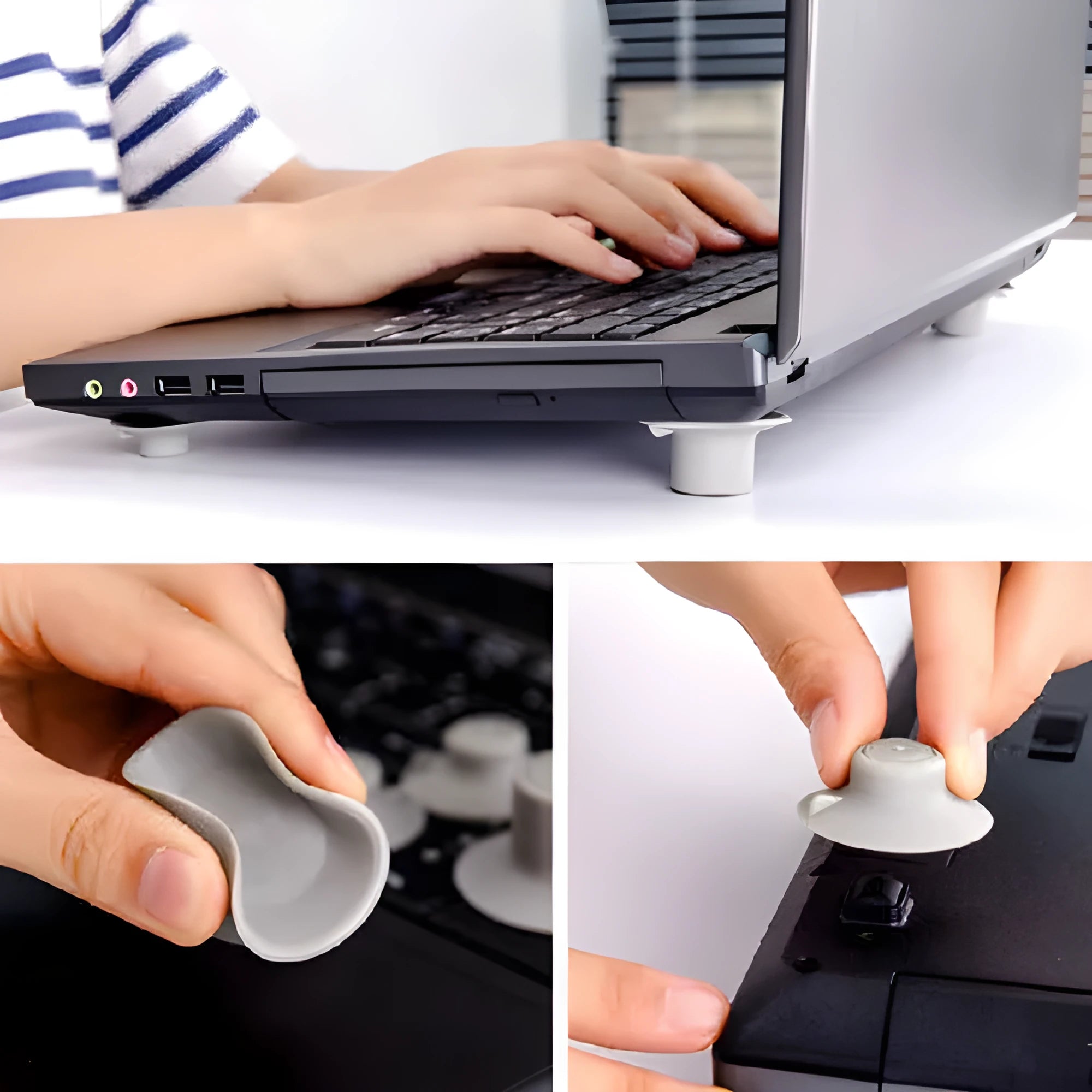 Set of four grey durable plastic laptop cooling pads, two large and two small, on a flat surface.