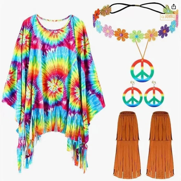 Tie dye pattern cloak costume suit in free size with choice of bell sleeves or sleeveless design