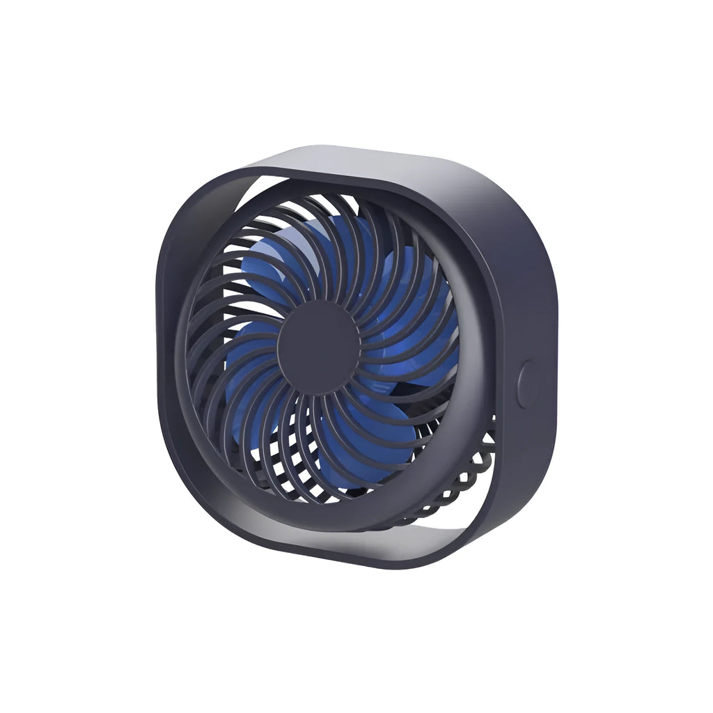 USB desk fan with rotating head in blue, showing rotary switch and compact alarm clock style.