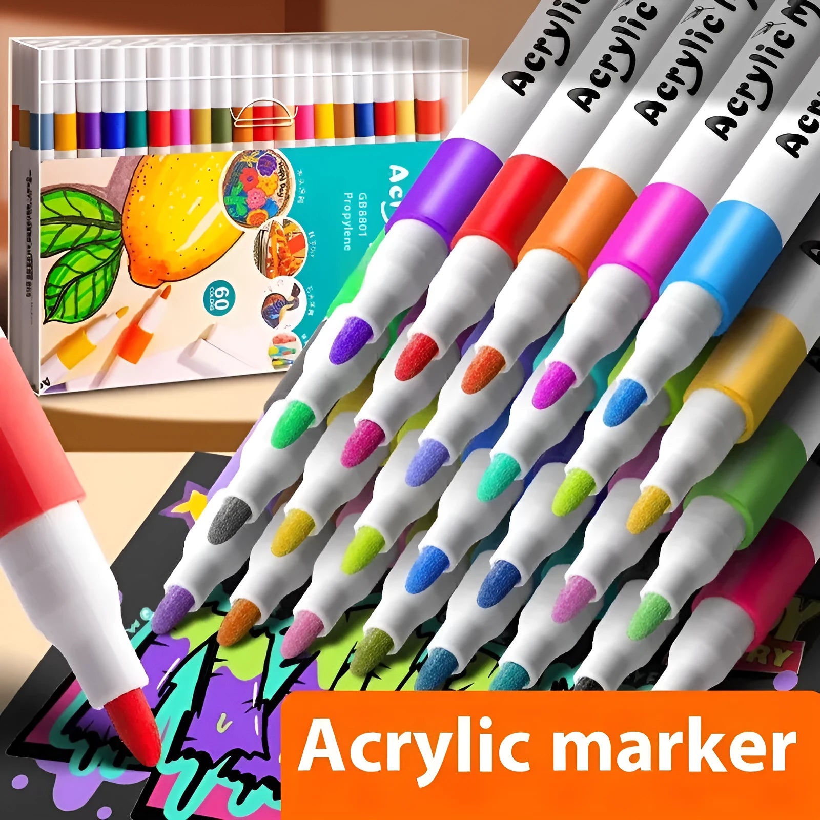 Acrylic marker pen set with multicoloured plastic bodies for student colour painting projects