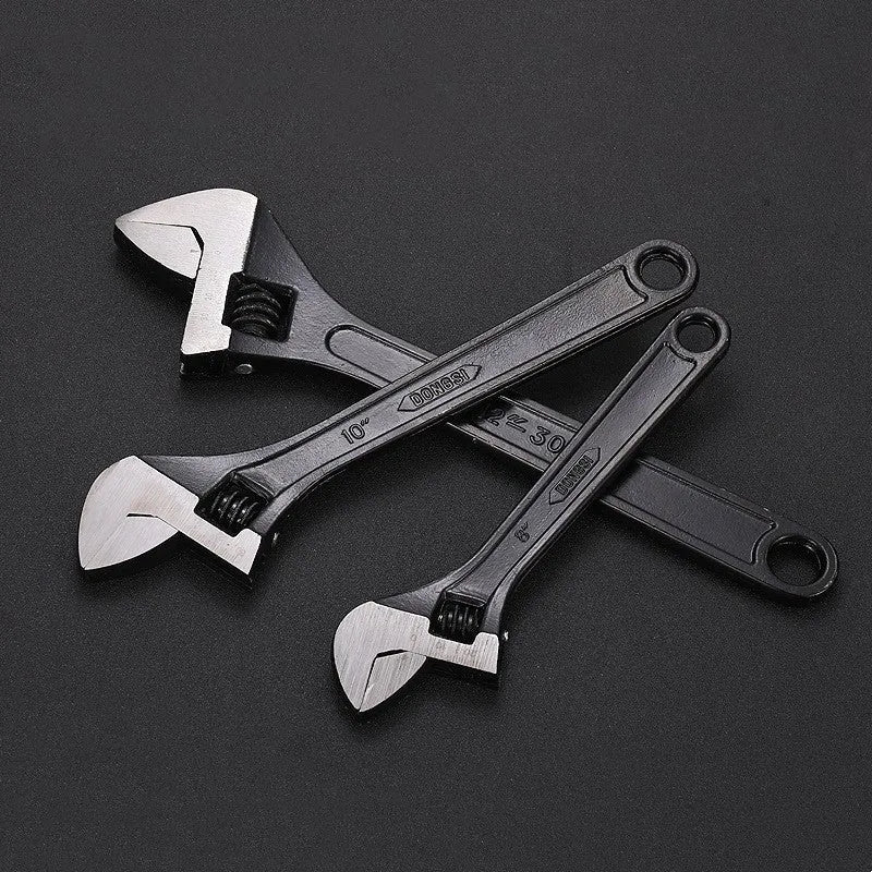 High carbon steel adjustable spanner tool with black finish showing open jaws and ergonomic handle