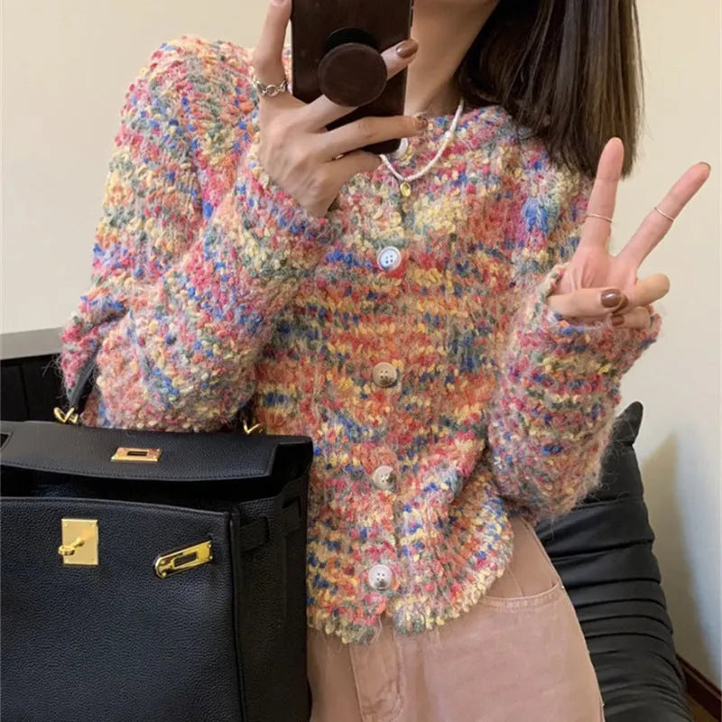 Retro rainbow pattern knitted cardigan sweater in pink and green ice cream colours