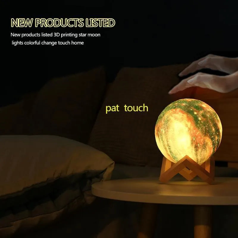 3D printed spherical lunar night light with colour changing LEDs and touch control.