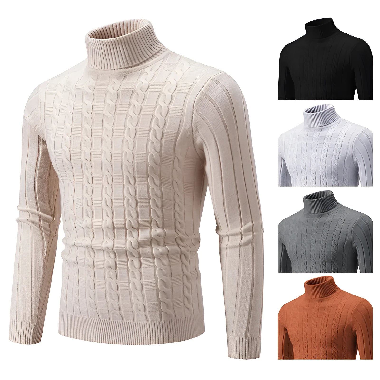 Men's slim fit chenille turtleneck pullover in grey, showing the twisted knit texture and collar.