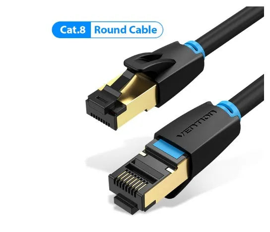 CAT8 shielded Ethernet network cable with RJ45 plugs, shown in flat and round style options in various lengths.