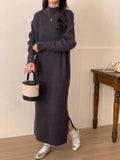 Half turtleneck knitted dress in acrylic fibre with knee-length skirt and long sleeves