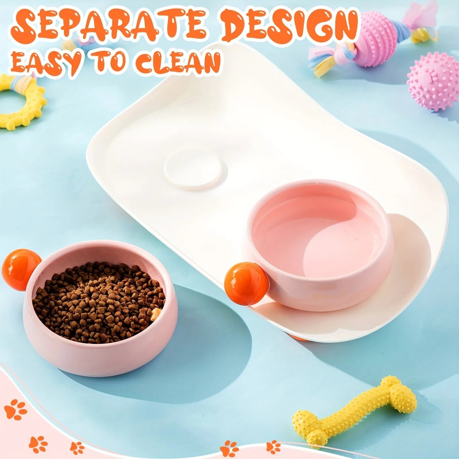 Raised ceramic double pet feeding bowl in pink, yellow, and pink yellow colour options on a floor.