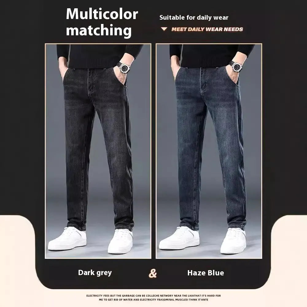 Man wearing slim straight blue-grey casual trousers with a micro-elastic fit and zipper fly.