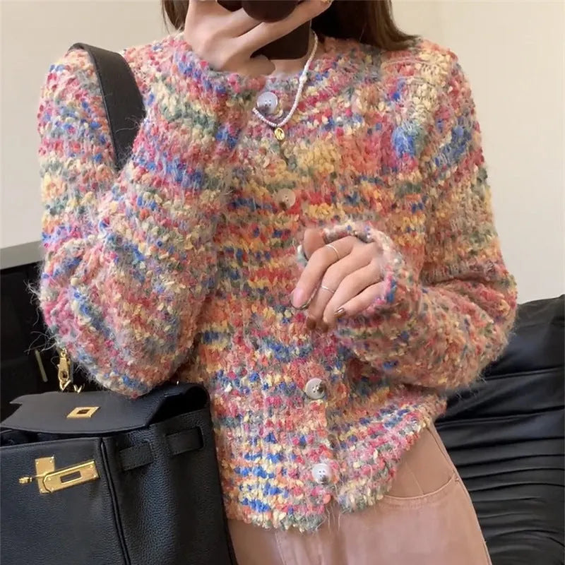 Retro rainbow pattern knitted cardigan sweater in pink and green ice cream colours