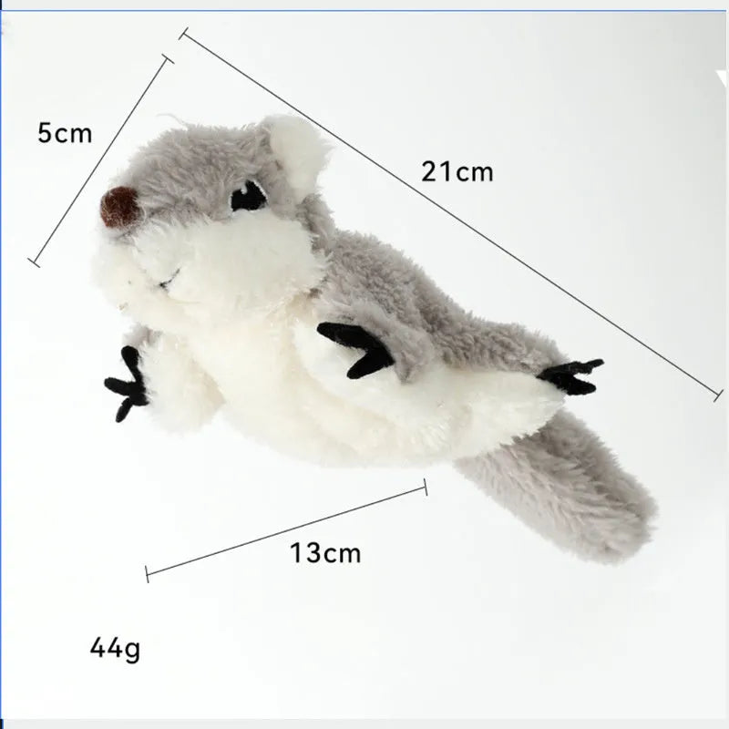 Gray flapping squirrel cat toy with USB charging cable for interactive play