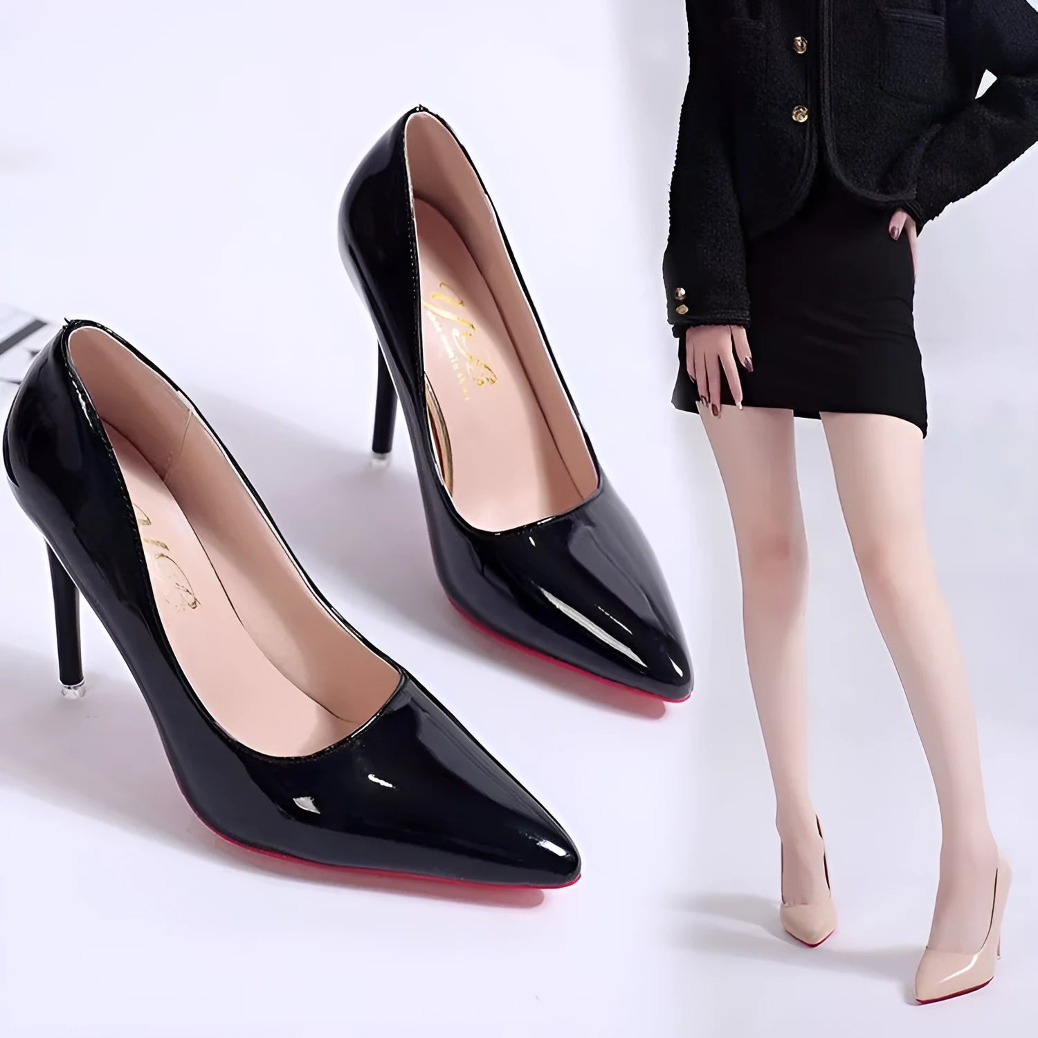 Women's solid colour stiletto heel pumps with pointed toe and shallow mouth design.