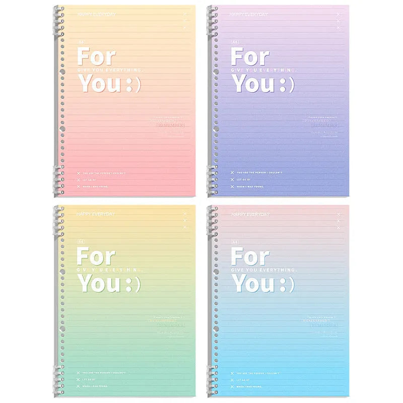 Removable coil gradient notepad in blue, green, pink, or purple, showing A4 and B5 size options.
