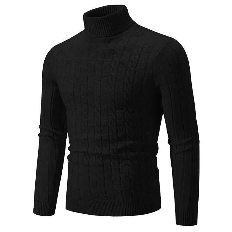 Men's slim fit chenille turtleneck pullover in grey, showing the twisted knit texture and collar.