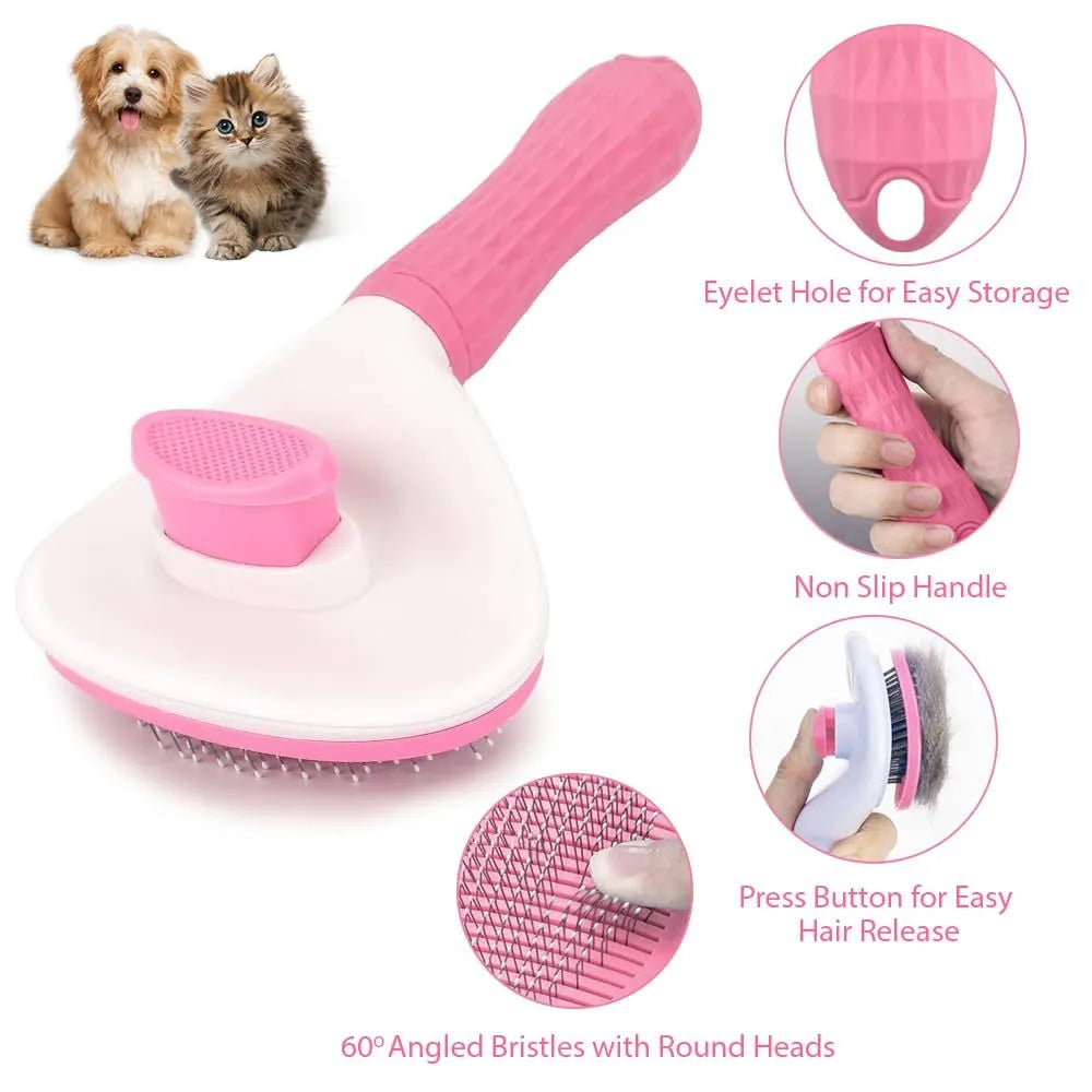 Blue cat grooming brush with a release button and fine wire bristles for removing loose fur.