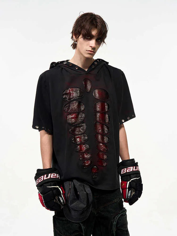 Black mens hooded t-shirt with sequin decoration and short sleeves