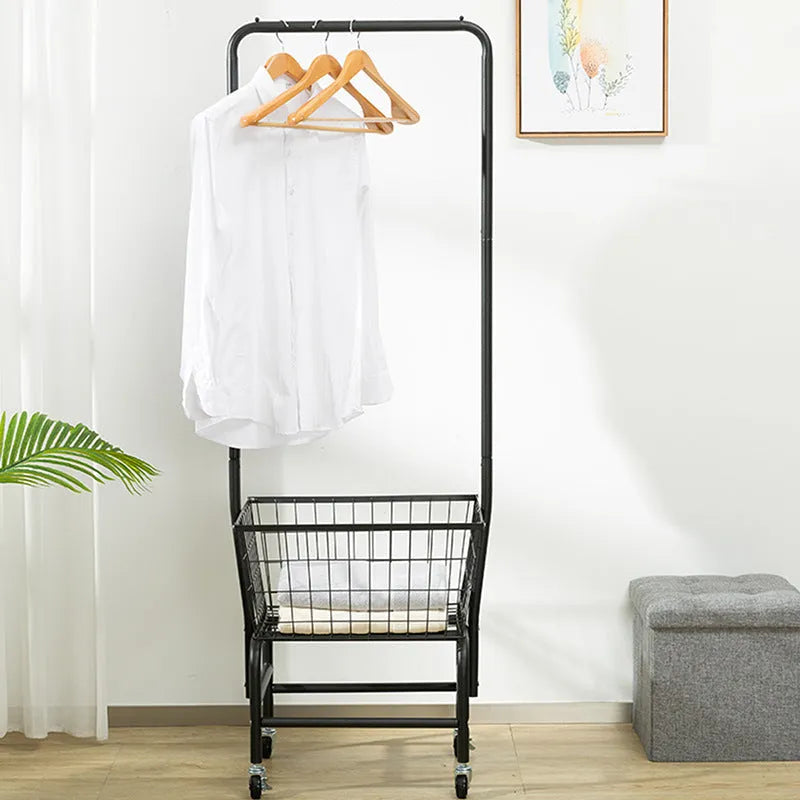 White iron single rod pulley storage car on an overhead track for wardrobe organisation.