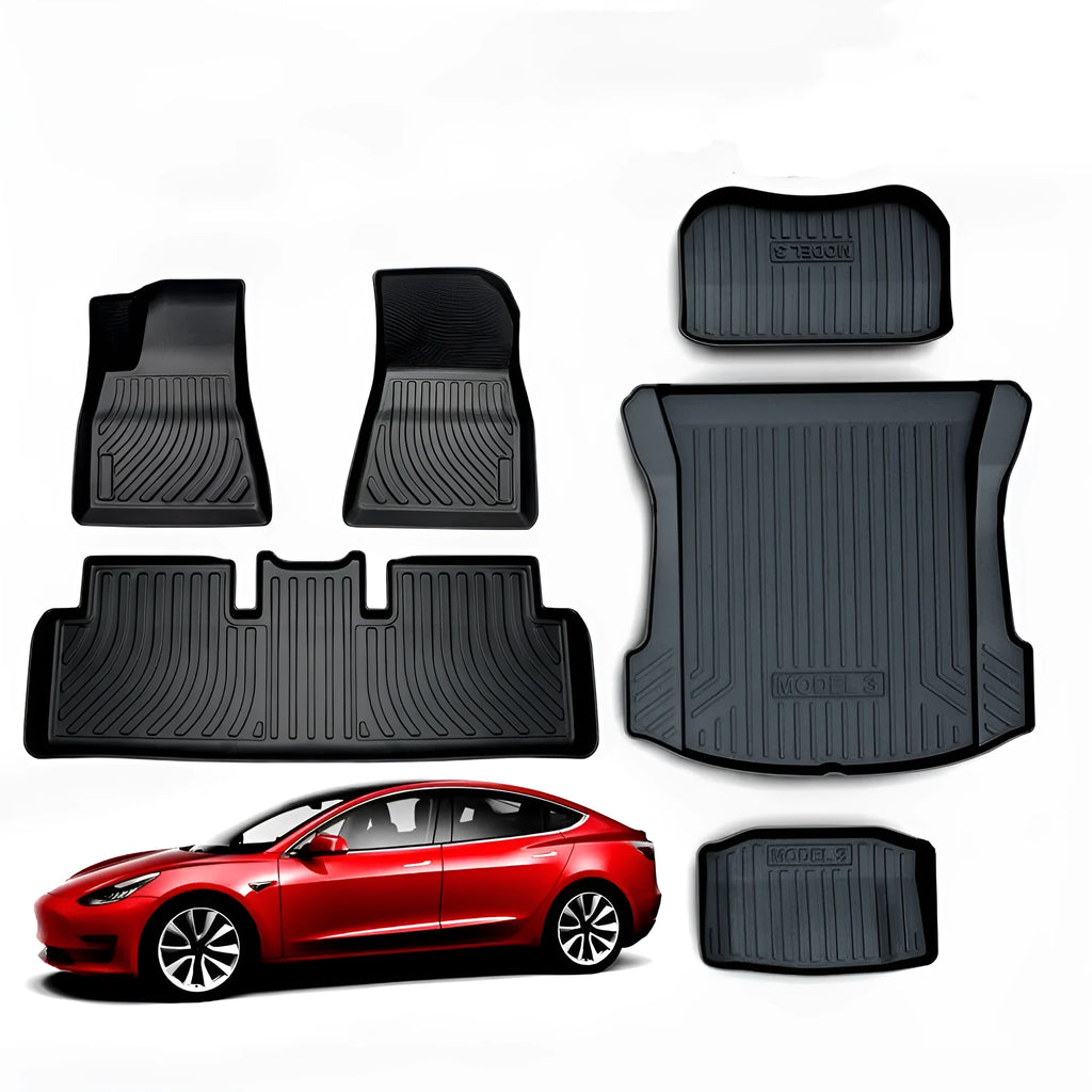 Rubber car floor mat with TPE footrest for Tesla Model 3, Y, S, and X vehicles
