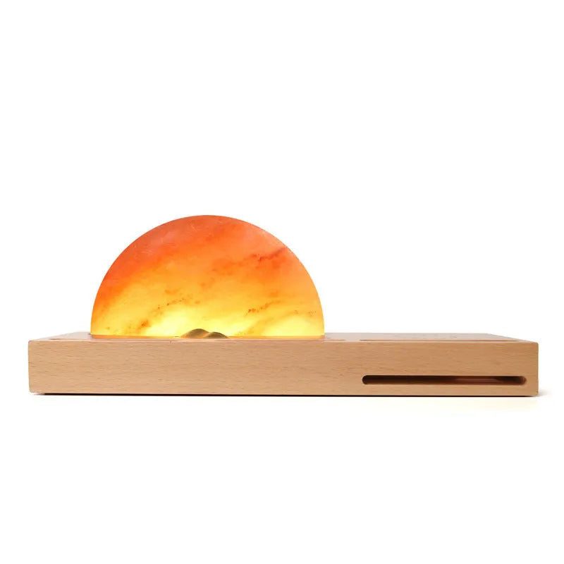 Sunrise Oriental wireless charging salt lamp with natural crystal shade on beech wood base