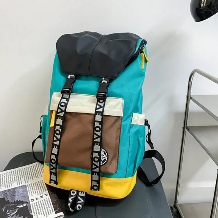 Oxford cloth backpack in black green or red colours showing dimensions and three carrying options
