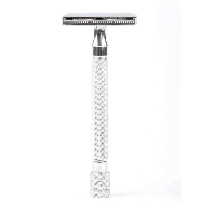 Old-fashioned manual metal shaving scraper and brush set in black and silver finishes