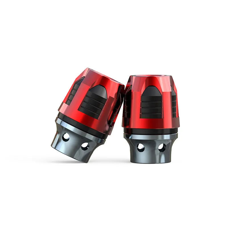 Pair of anodised aluminium fork cups for motorcycle or electric car front axle, shown in one of seven available colours.