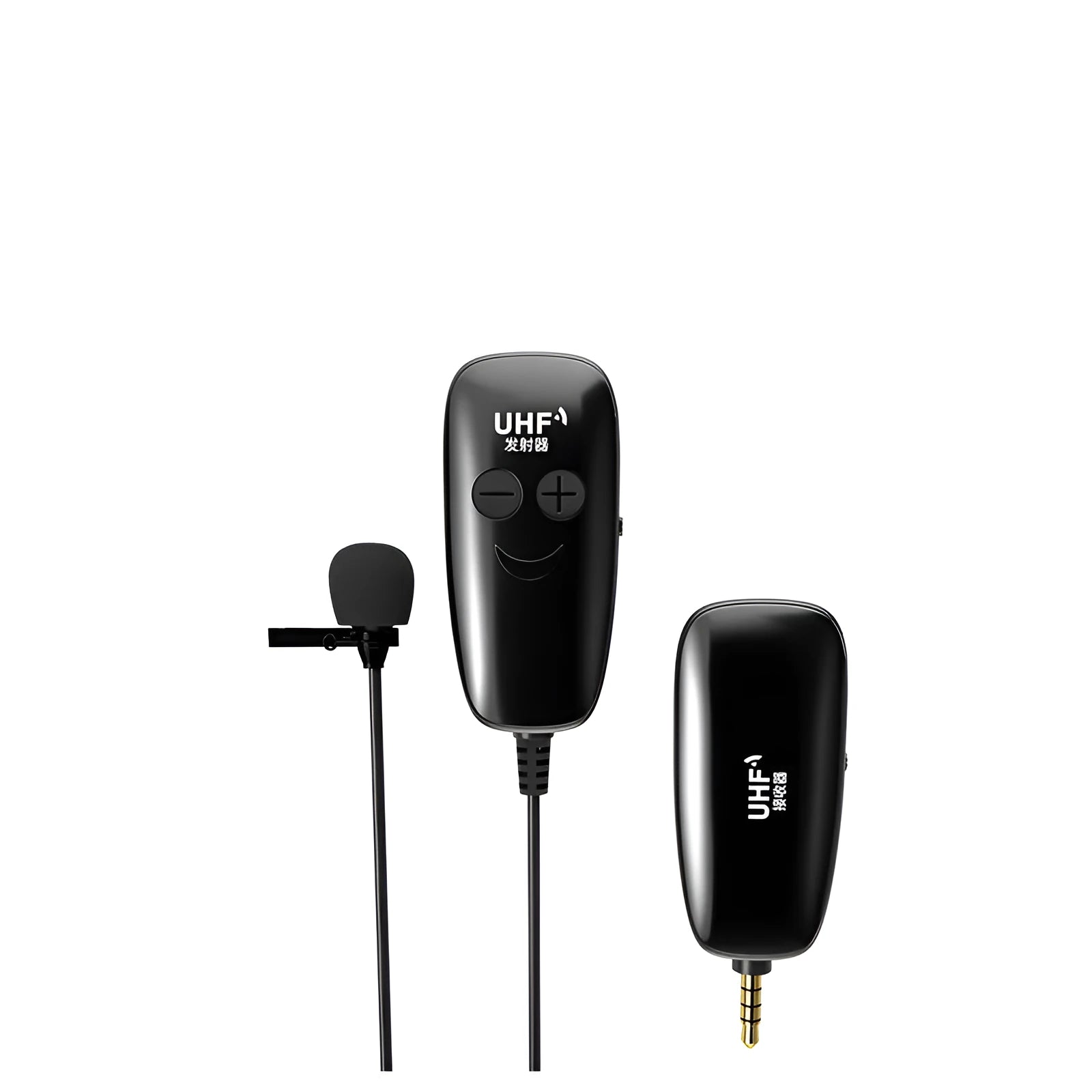 Black lavalier microphone with 3.5mm plug for mobile phones showing 6.0x5.0mm microphone capsule