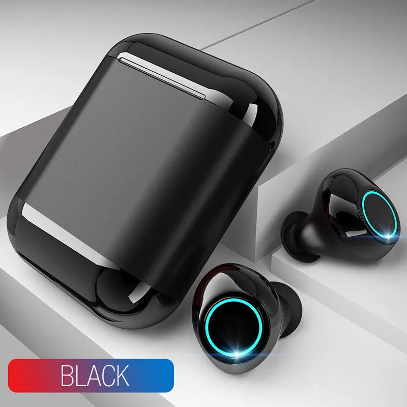 Black Bluetooth TWS wireless earplug headset showing left and right earpieces