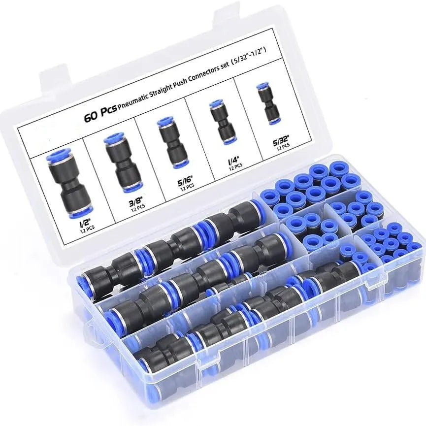 60-piece quick pneumatic push-in connector set with R1/4 and R1/2 alloy plastic fittings