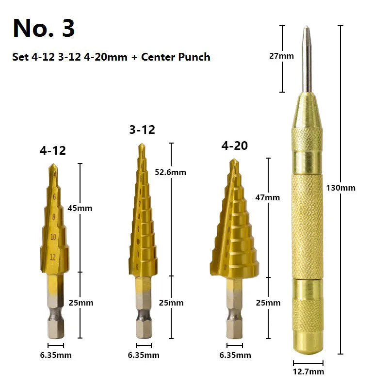 High speed steel cone step drill bit and centre punch set for metalworking and DIY.