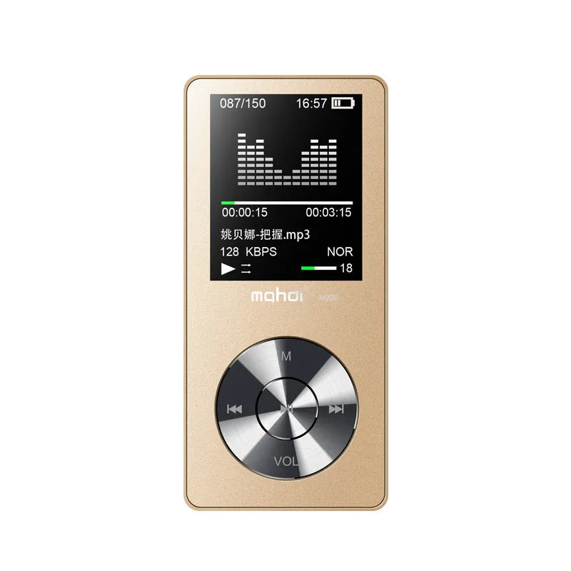 Gold all-metal portable MP3 player with 1.8-inch screen showing music menu