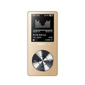 Gold all-metal portable MP3 player with 1.8-inch screen showing music menu