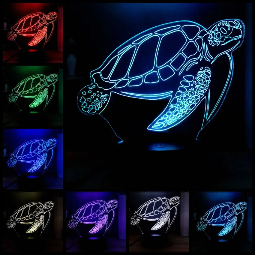Turtle-shaped acrylic night light with multi-coloured 3D LED glow, showing remote control.