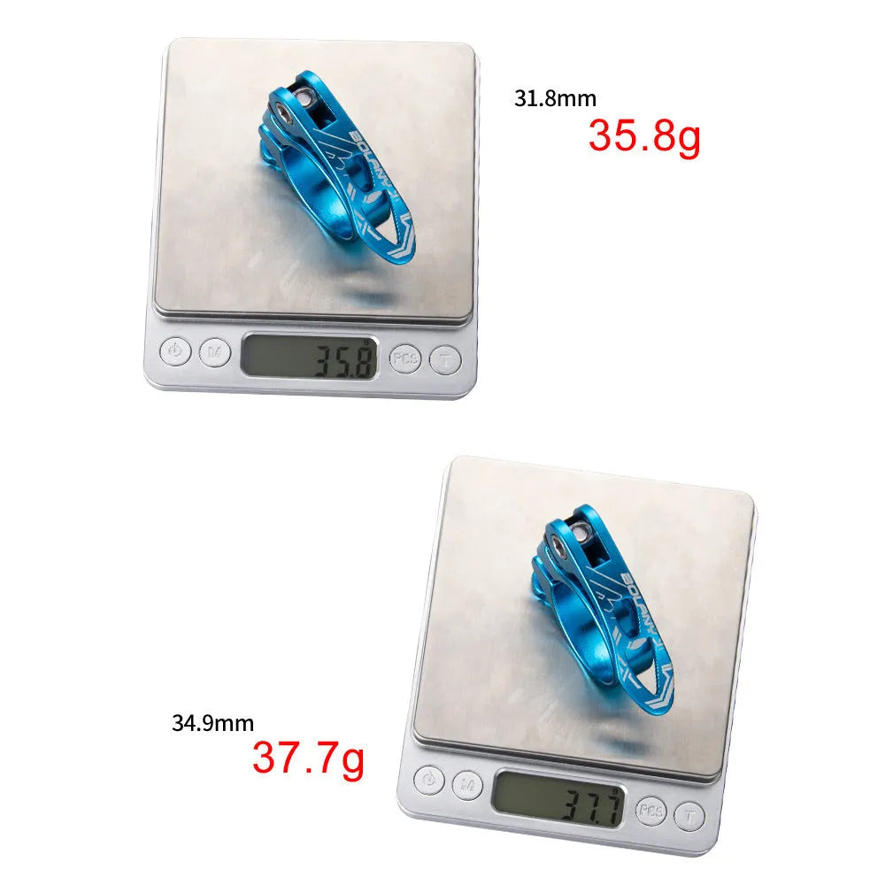 Aluminium bicycle seat post clamp in black red gold or blue colours showing 31.8mm and 34.9mm size options